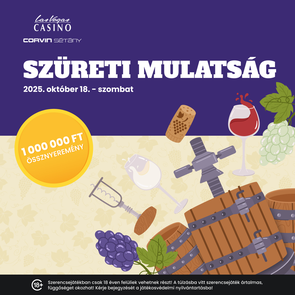 Szüreti mulatság illusztráció hordóval, szőlővel és borospoharakkal.